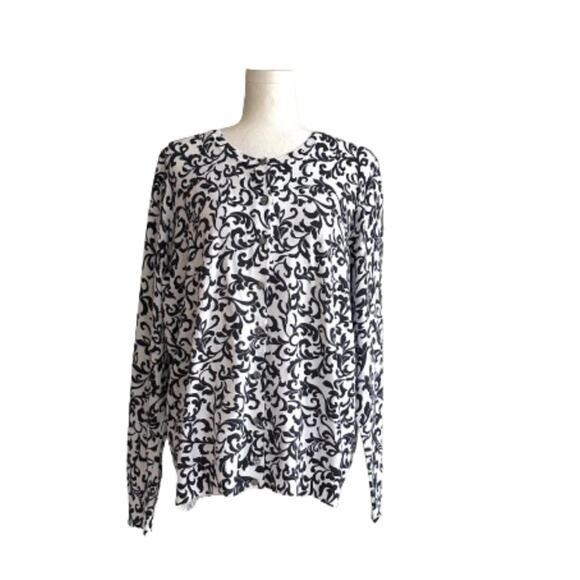 Karen Scott Woman White Blue Jacquard Scroll Print Cardigan Sweater Size 0X NEW - Picture 1 of 12